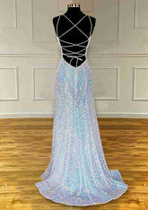Sequined Prom Dress/Evening Dress With Pleated Sheath/Column V-Neck Spaghetti Straps and Sweep Train